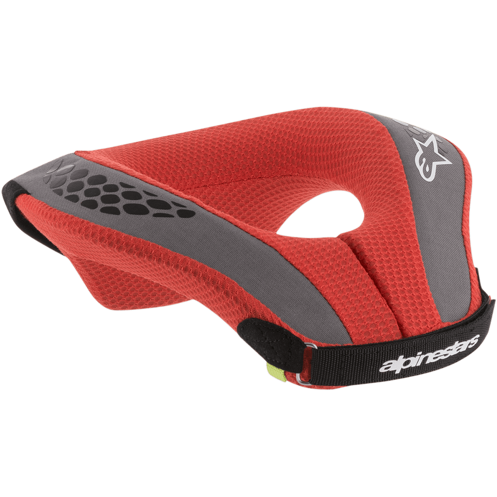 Alpinestars Youth Sequence Neck Roll, młodzieżowy ochraniacz szyi, czerwony i szary, czerwona wyściółka z siatki z szarymi akcentami i czarnym paskiem, białe logo i detale marki, ergonomiczna ochrona dla młodych zawodników
