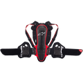 Ochraniacz pleców Alpinestars Nucleon KR-3, motocyklowy ochraniacz pleców, kolor dymno-czarny i czerwony, cechujący się ergonomiczną konstrukcją skorupy o strukturze kratownicy z białym logo, regulowanymi paskami naramiennymi oraz szerokim pasem nerkowym z boczną ochroną żeber, zaprojektowany pod kątem absorpcji uderzeń i oddychalności.