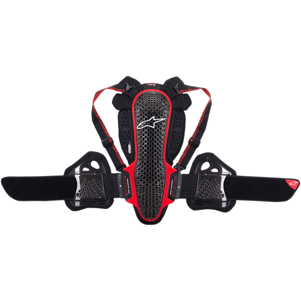 Ochraniacz pleców Alpinestars Nucleon KR-3, motocyklowy ochraniacz pleców, kolor dymno-czarny i czerwony, cechujący się ergonomiczną konstrukcją skorupy o strukturze kratownicy z białym logo, regulowanymi paskami naramiennymi oraz szerokim pasem nerkowym z boczną ochroną żeber, zaprojektowany pod kątem absorpcji uderzeń i oddychalności.