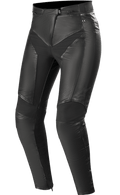 Alpinestars Stella Vika V2, damskie spodnie motocyklowe ze skóry, czarne, konstrukcja ze skóry premium z elastycznymi panelami aramidowymi, dopasowany krój podkreślający sylwetkę, ochrona z certyfikatem CE, stylowa miejska odzież motocyklowa