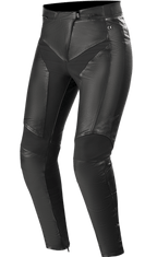 Alpinestars Stella Vika V2, damskie spodnie motocyklowe ze skóry, czarne, konstrukcja ze skóry premium z elastycznymi panelami aramidowymi, dopasowany krój podkreślający sylwetkę, ochrona z certyfikatem CE, stylowa miejska odzież motocyklowa