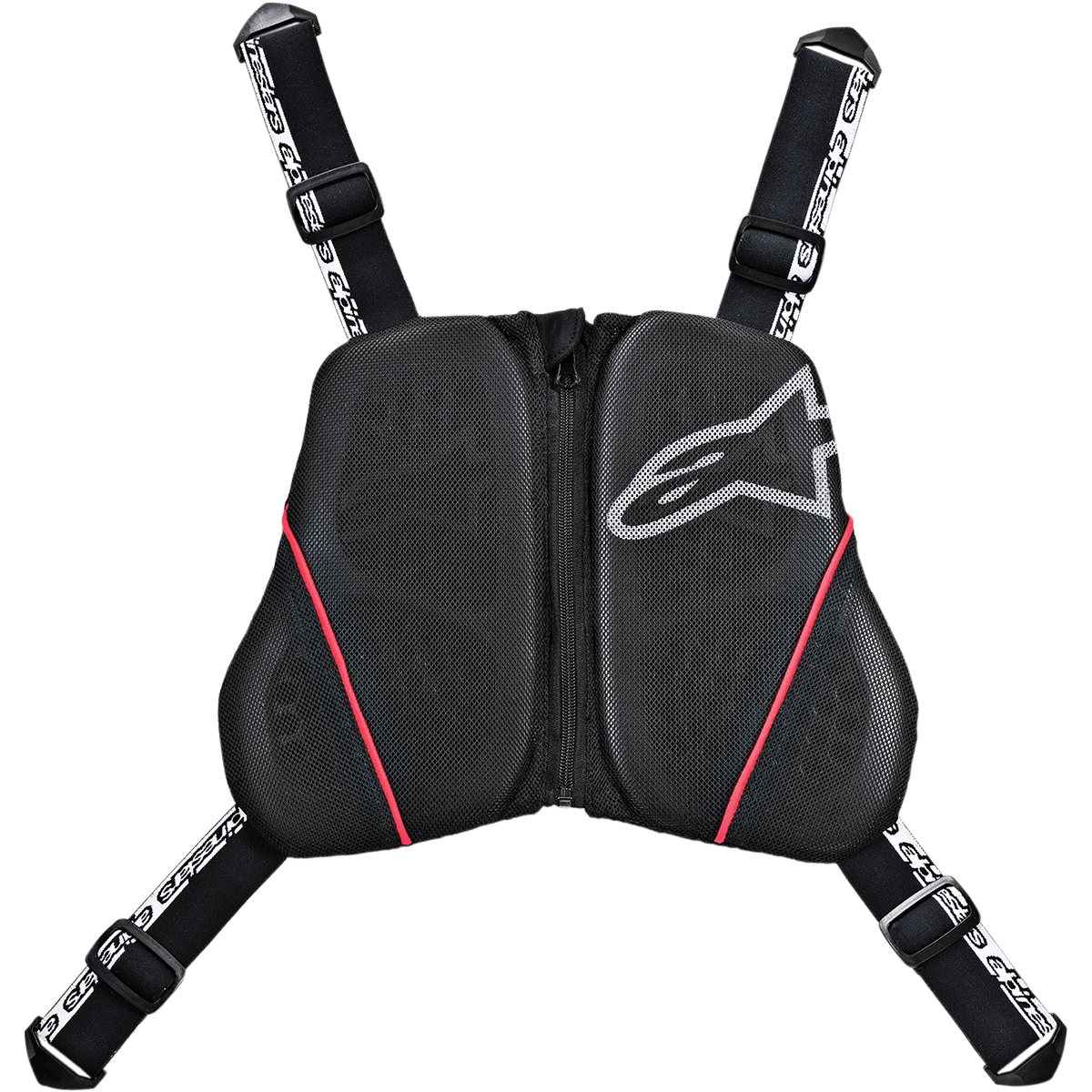 Alpinestars Nucleon KR-C Chest Harness, motocyklowy ochraniacz klatki piersiowej, czarny z czerwonymi akcentami i białym logo, wentylowane panele mesh z centralnym zamkiem, regulowane czarne paski z białymi logotypami, wysokiej klasy sprzęt ochronny do jazdy szosowej