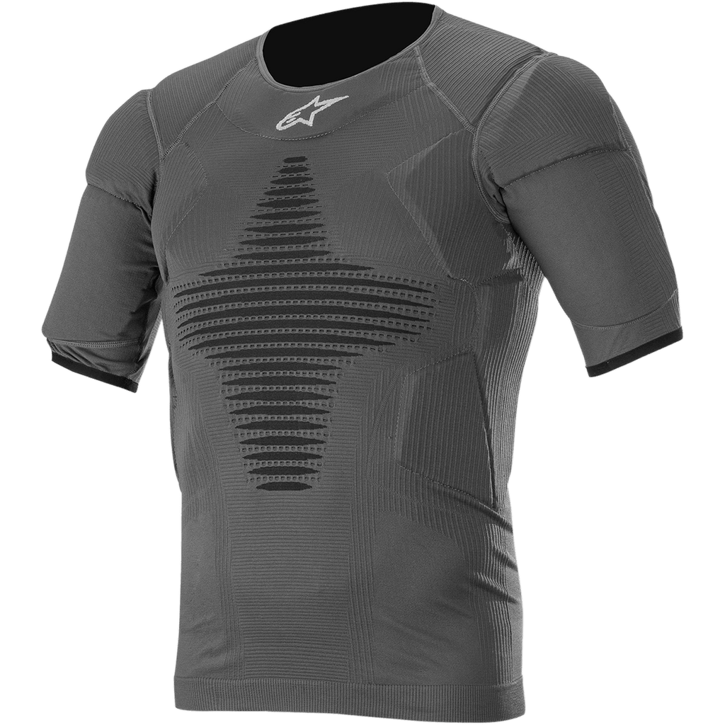 Alpinestars Roost Base Layer Top, antracytowo-czarna koszulka techniczna z krótkim rękawem, teksturowany prążkowany materiał z czarnym wzorem geometrycznym, dopasowany sportowy krój do motocrossu i jazdy off-road