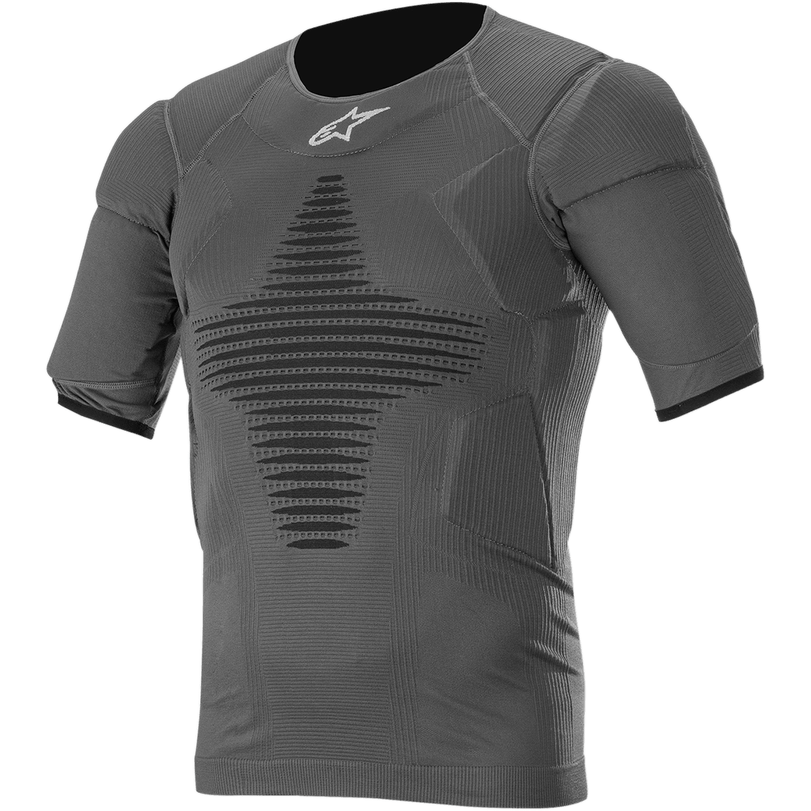 Alpinestars Roost Base Layer Top, antracytowo-czarna koszulka techniczna z krótkim rękawem, teksturowany prążkowany materiał z czarnym wzorem geometrycznym, dopasowany sportowy krój do motocrossu i jazdy off-road